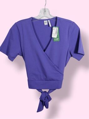 Twik Wrap Crop Top Size M Purple Tie Waist Short Sleeve NWT